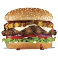 wordt geserveerd met een broodje ambachtelijke runderhamburger sla tomaat augurk ananas gesmolten kaas met BBQ Saus