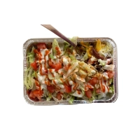 wordt geserveerd met friet kipfilet doner shoarma gesmolten kaas sla tomaat komkommer ui feta peper met saus naar keuze