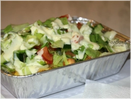 wordt geserveerd met friet kipfilet gesmolten kaas sla tomaat komkommer ui feta peper met &nbsp;saus naar keuze